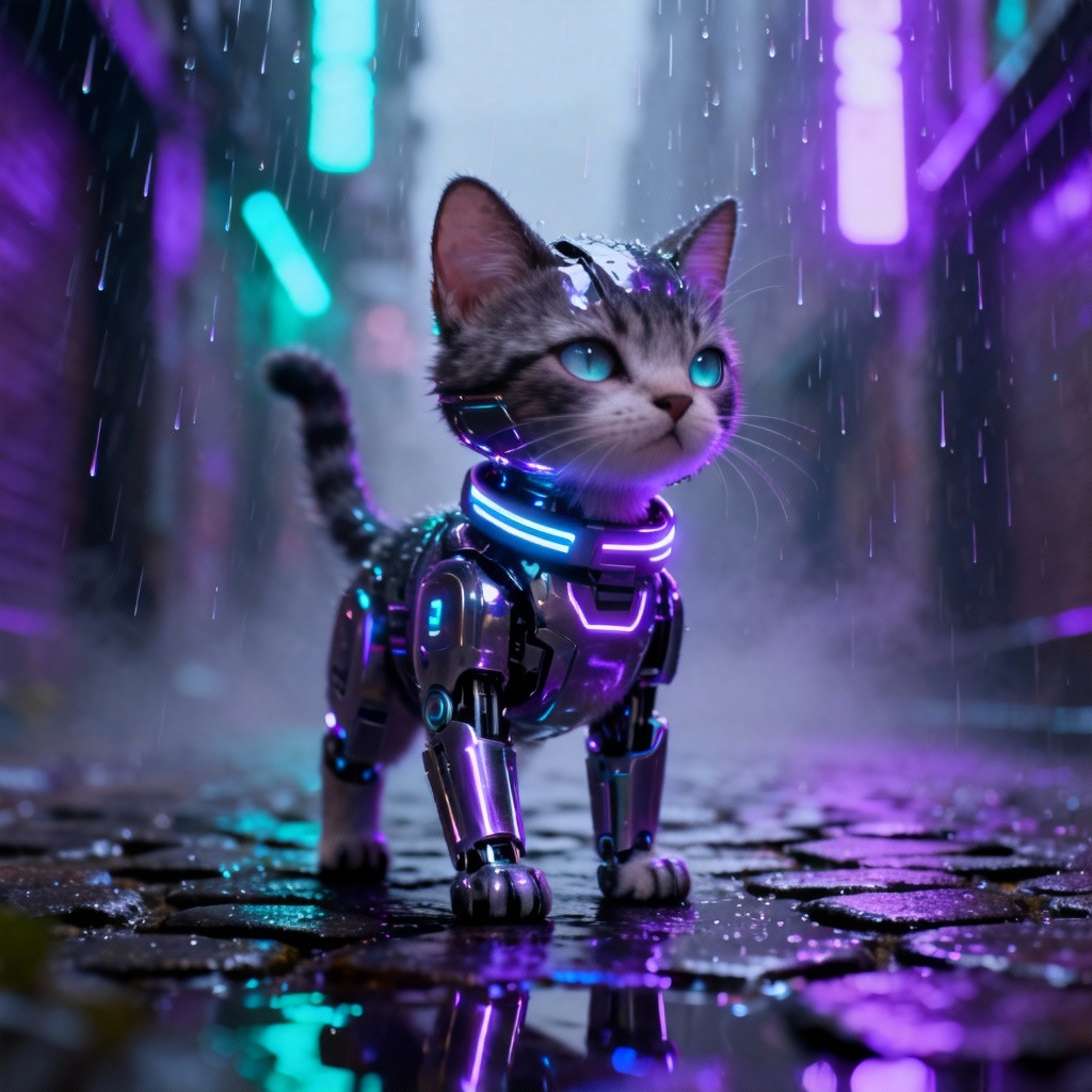 AI cyberpunk neon kitten in city lights