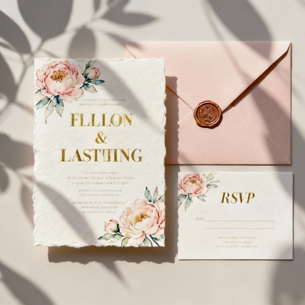 AI elegant floral wedding invitation card design flat lay