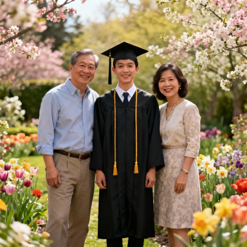 AI family graduation photo with proud parents