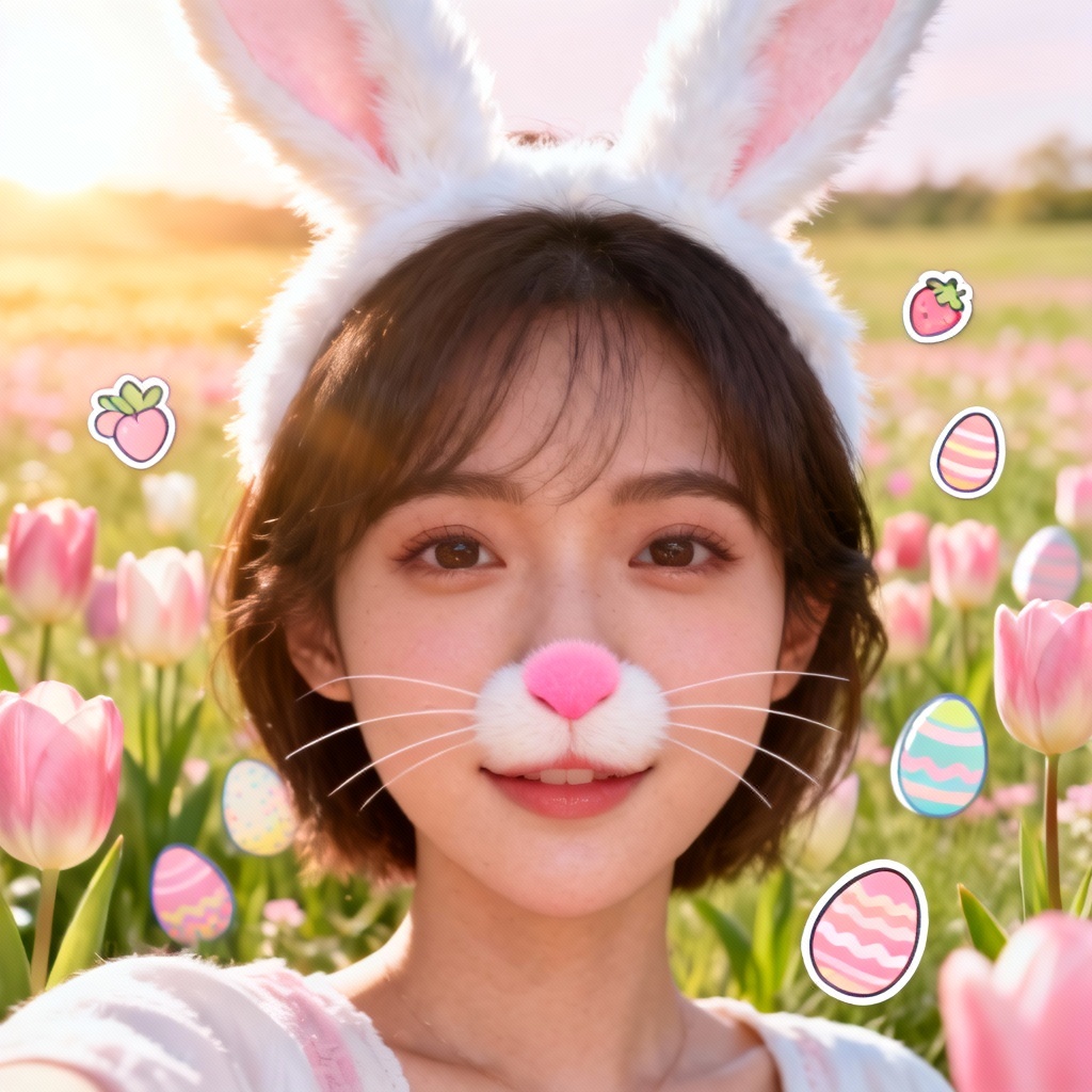 AI Easter bunny filter on spring selfie with ears and whiskers