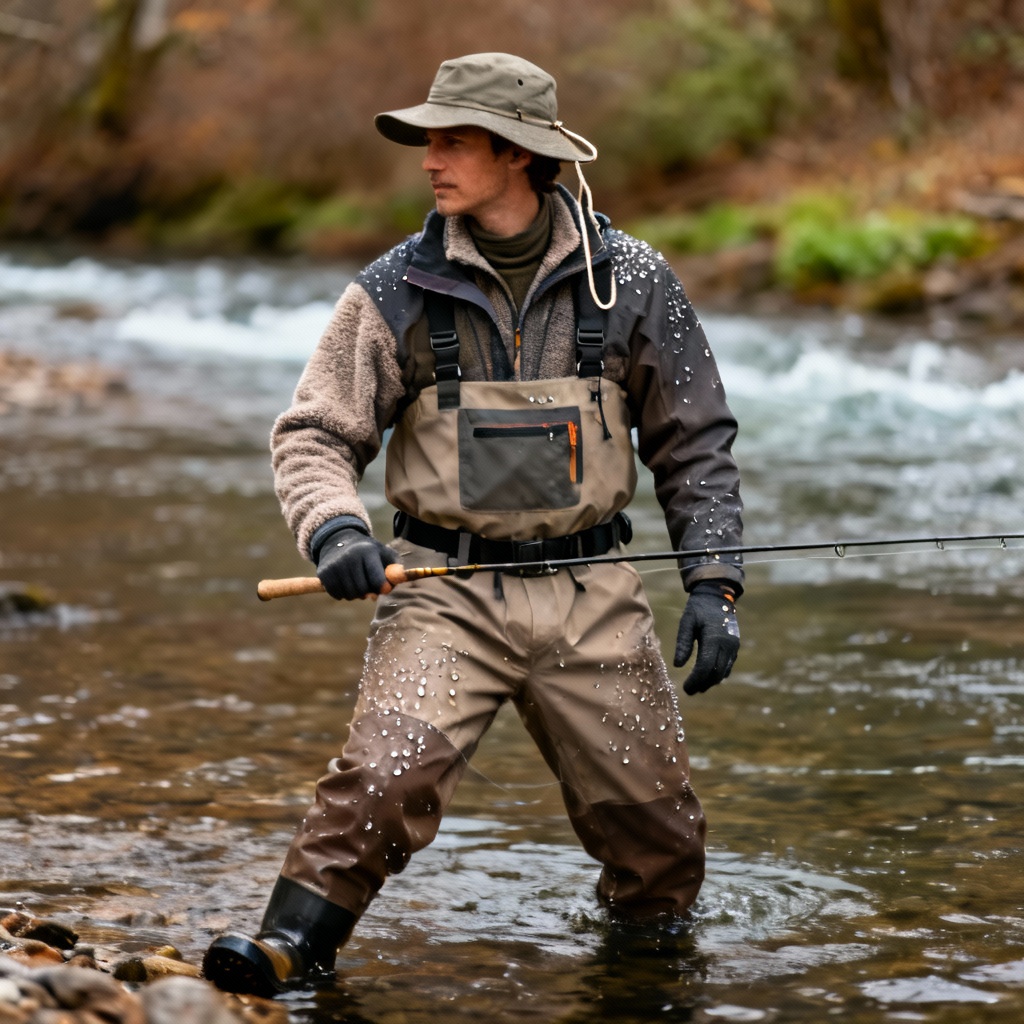 AI fly fishing river layering attire on model