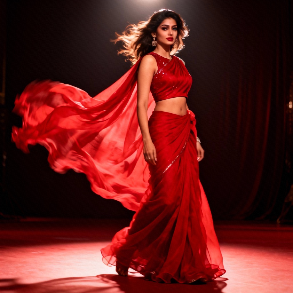 AI red chiffon saree Bollywood look