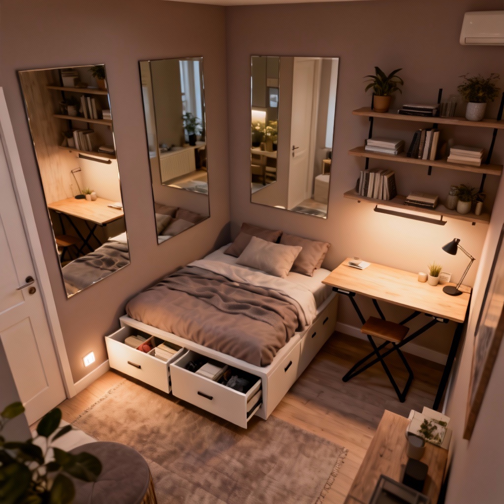 AI small apartment bedroom with space-saving layout