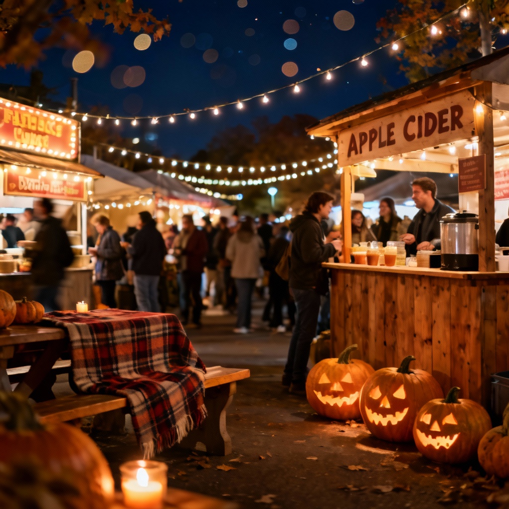AI harvest festival night market with string lights and stalls