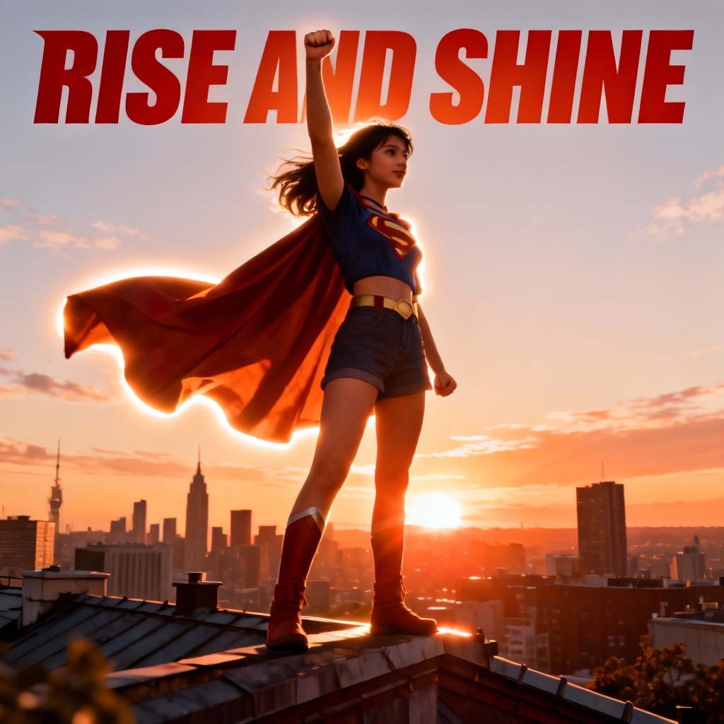 AI girl power poster of a confident heroine raising a fist under radiant light