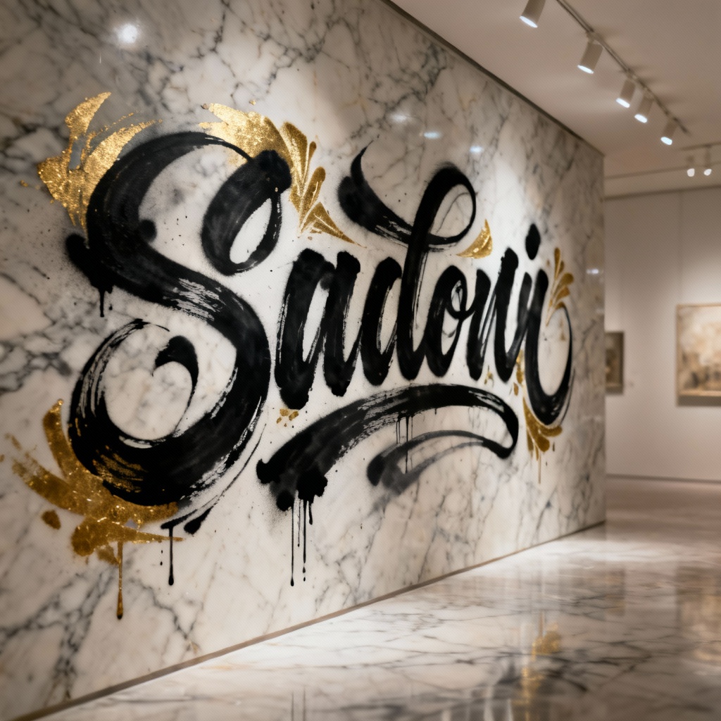 Calligraffiti script with gold accents on marble wall