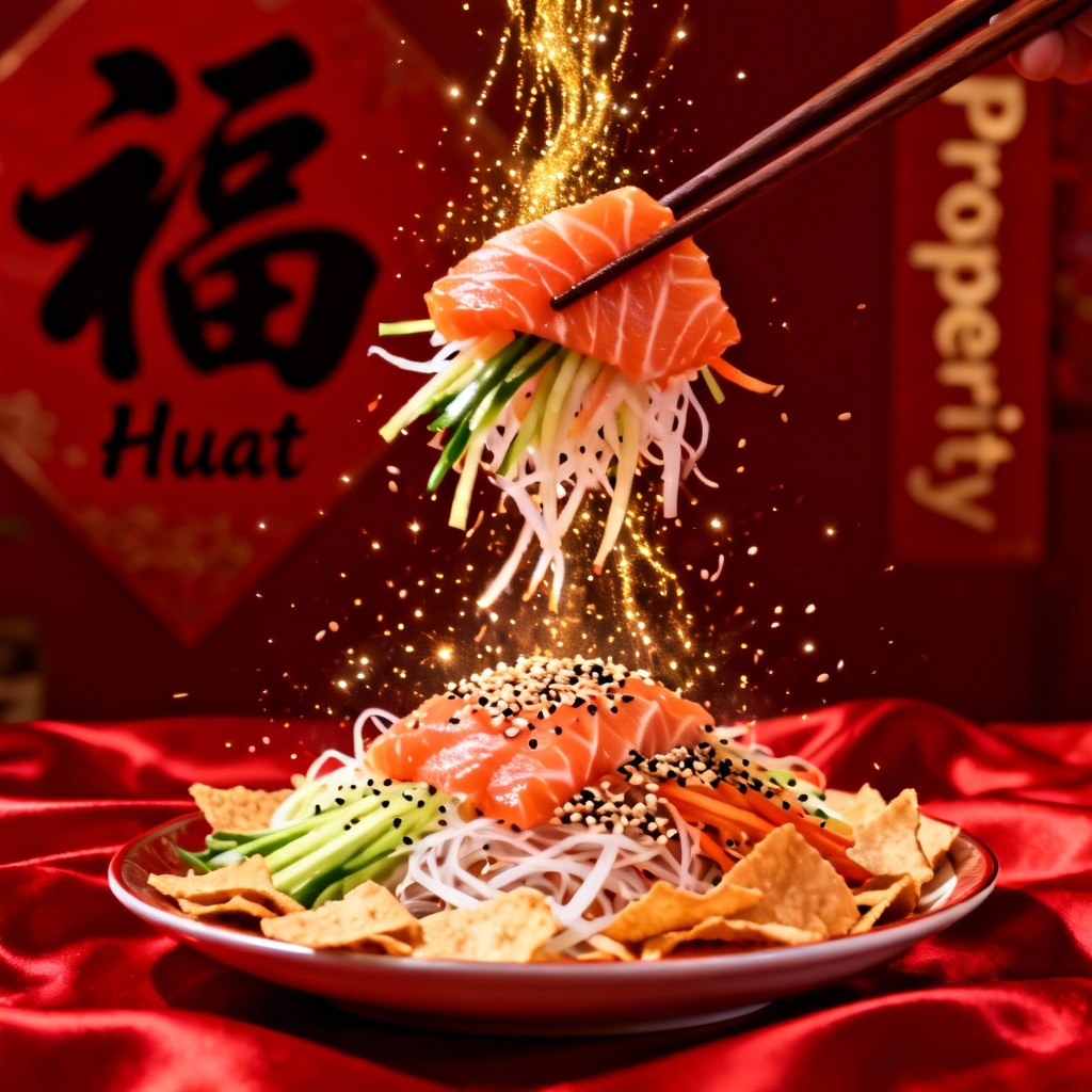 Close-up Yu Sheng ingredients tossed with golden sparkle