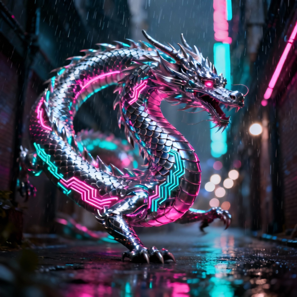 AI cyber dragon glowing in neon city rain