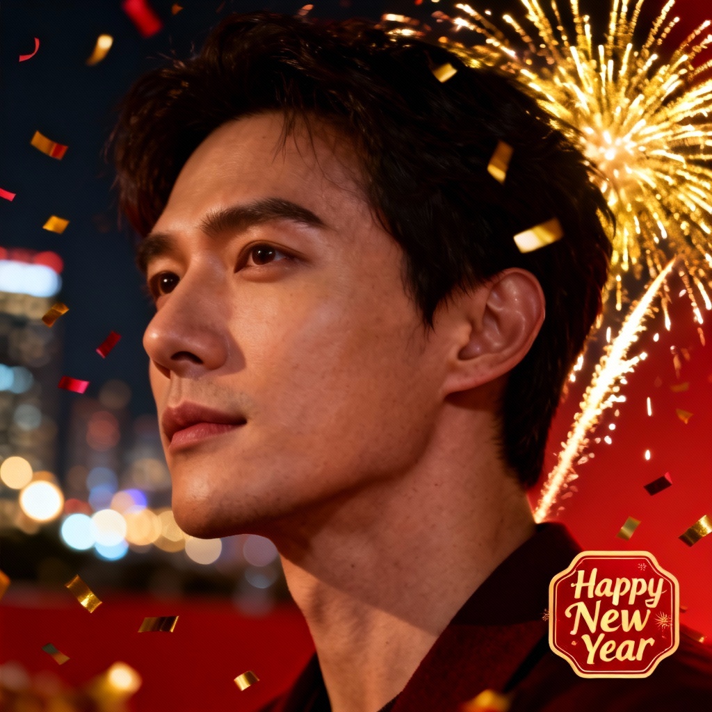 AI New Year avatar with fireworks and confetti