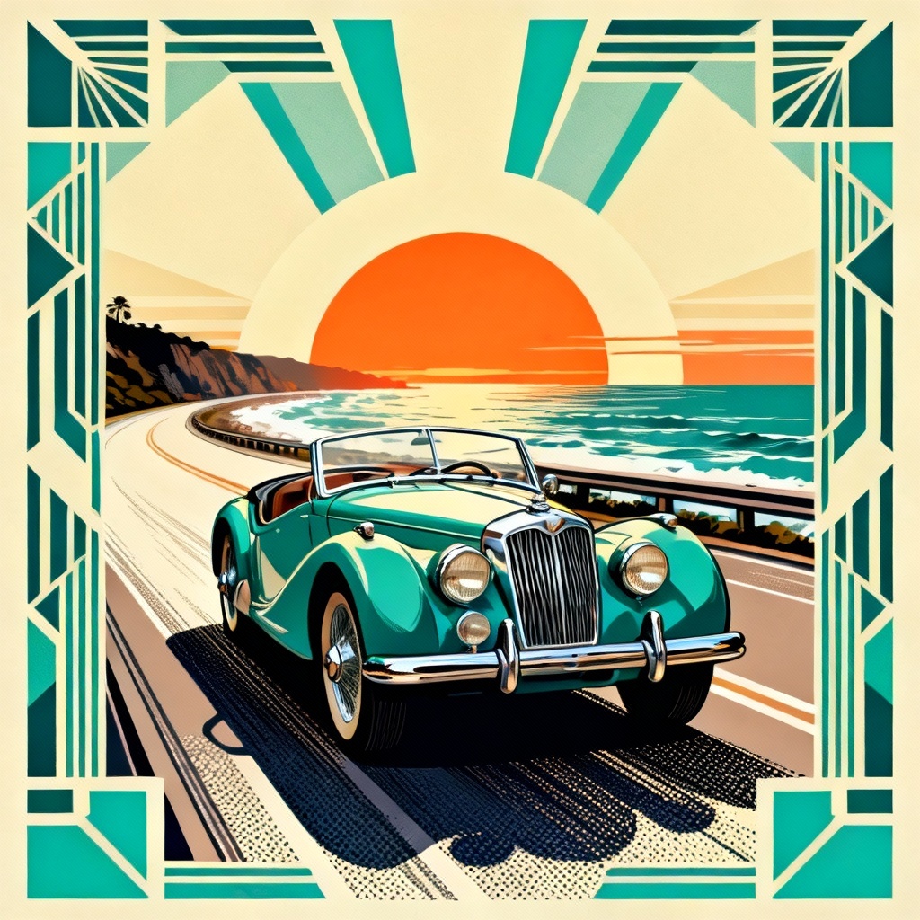 AI vintage car poster illustration in art deco style at sunset