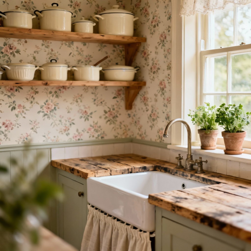 AI cottagecore vintage kitchen with open shelves and floral wallpaper