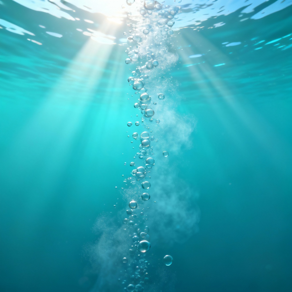Underwater aqua bubble stream with light rays