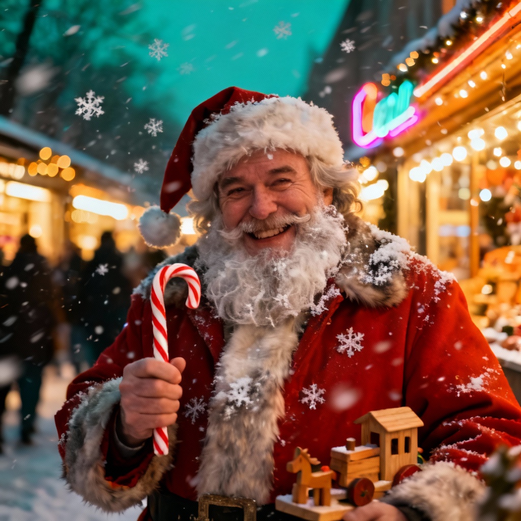 AI cinematic Santa on a winter street market