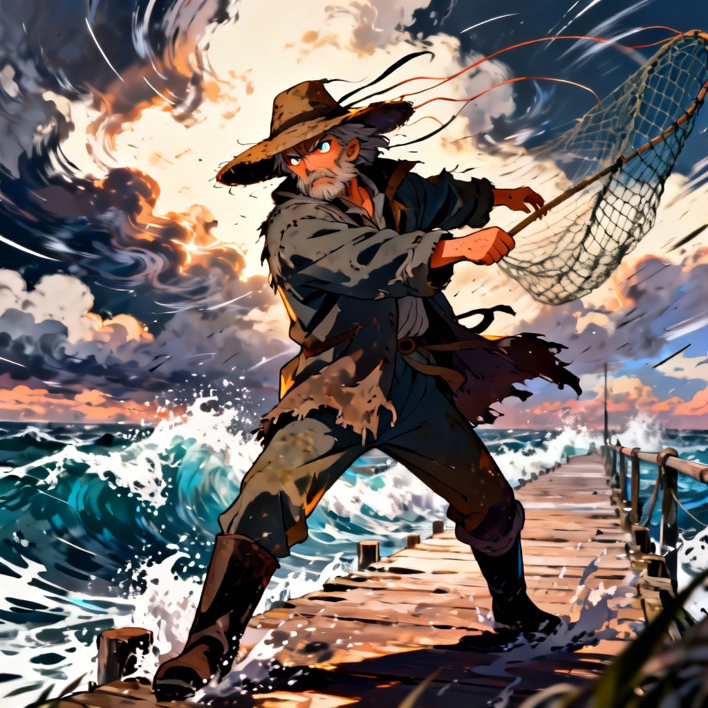 Anime fisherman hero standing on a windy pier with waves
