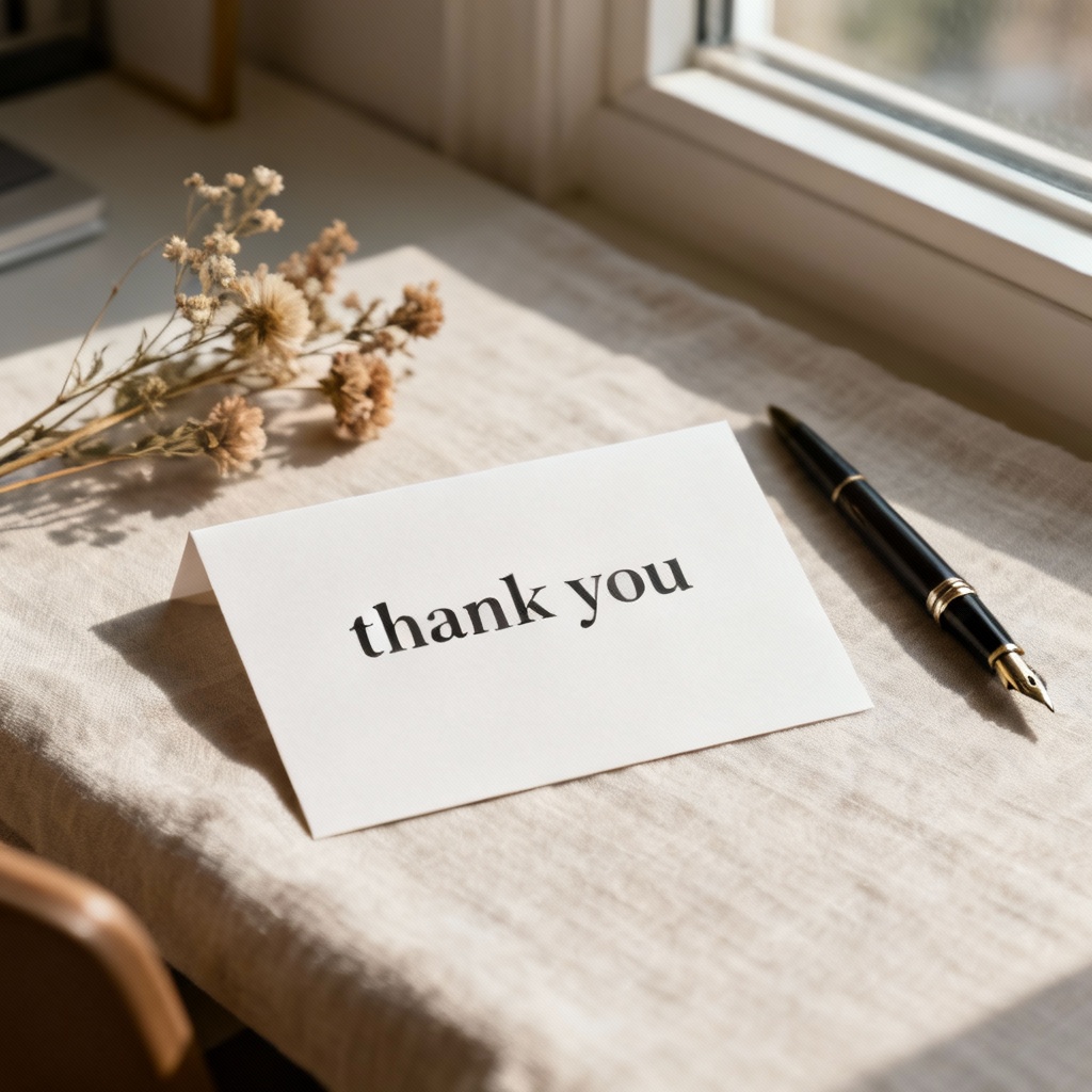 AI Thank You Card Design on a tidy desk with pen and flowers