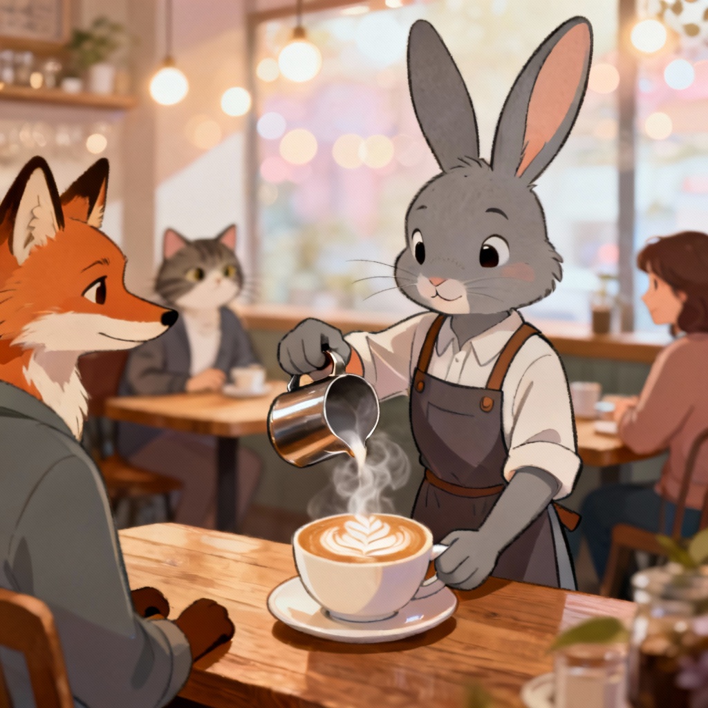 AI Zootopia 2 style rabbit barista in cafe