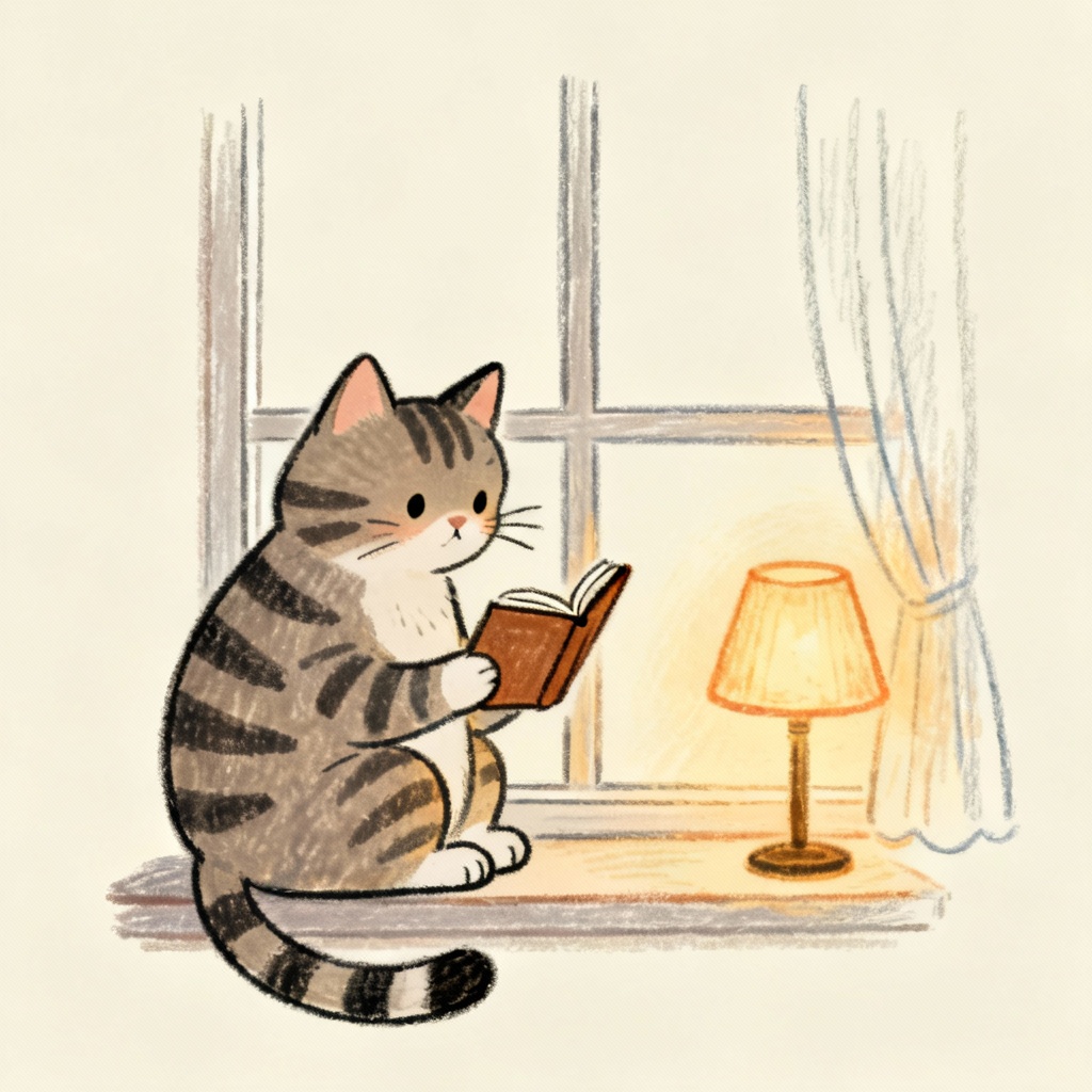 Cozy doodle-style cat reading by a window