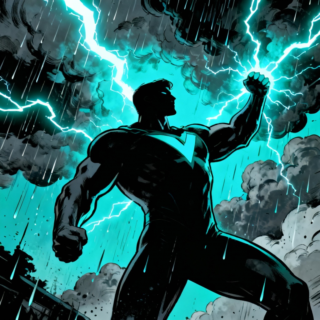 AI thunder-charged superhero with lightning