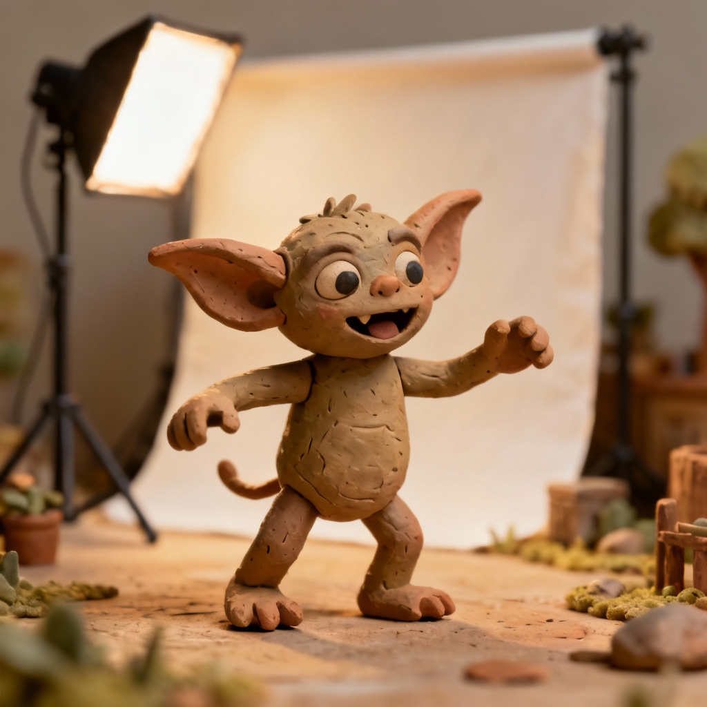 Clay stop-motion gremlin on miniature set