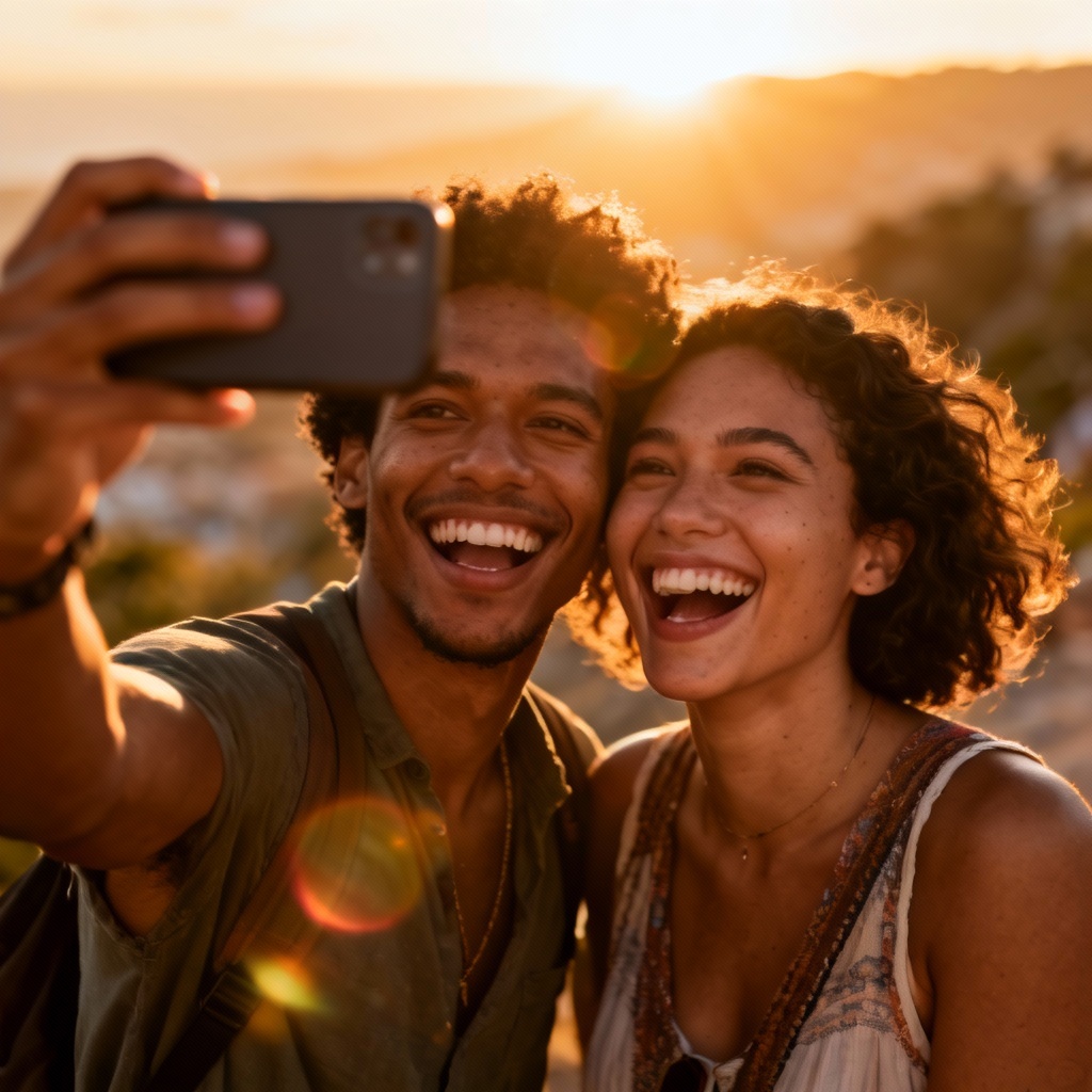 Couple selfie with cute smiles