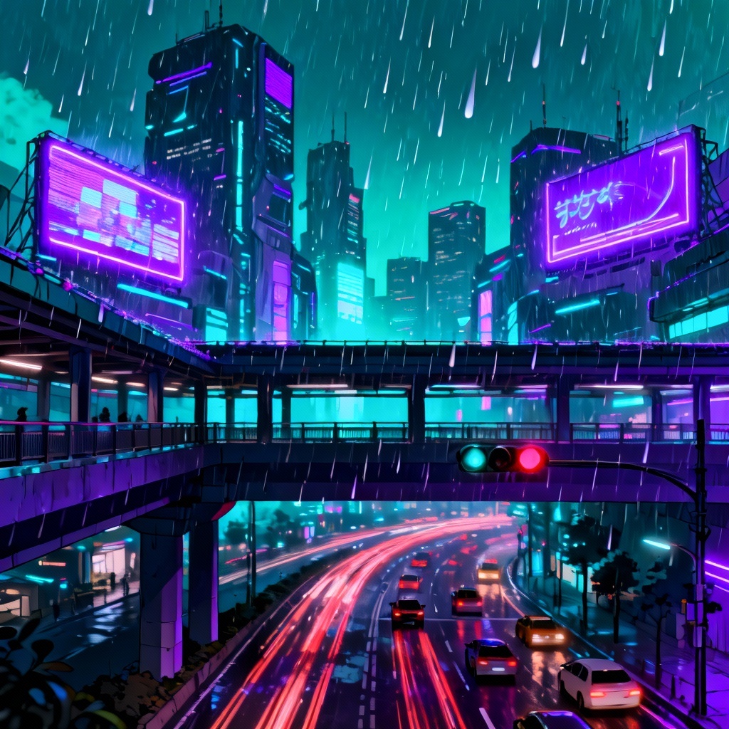 AI cyberpunk neon skyline with rain