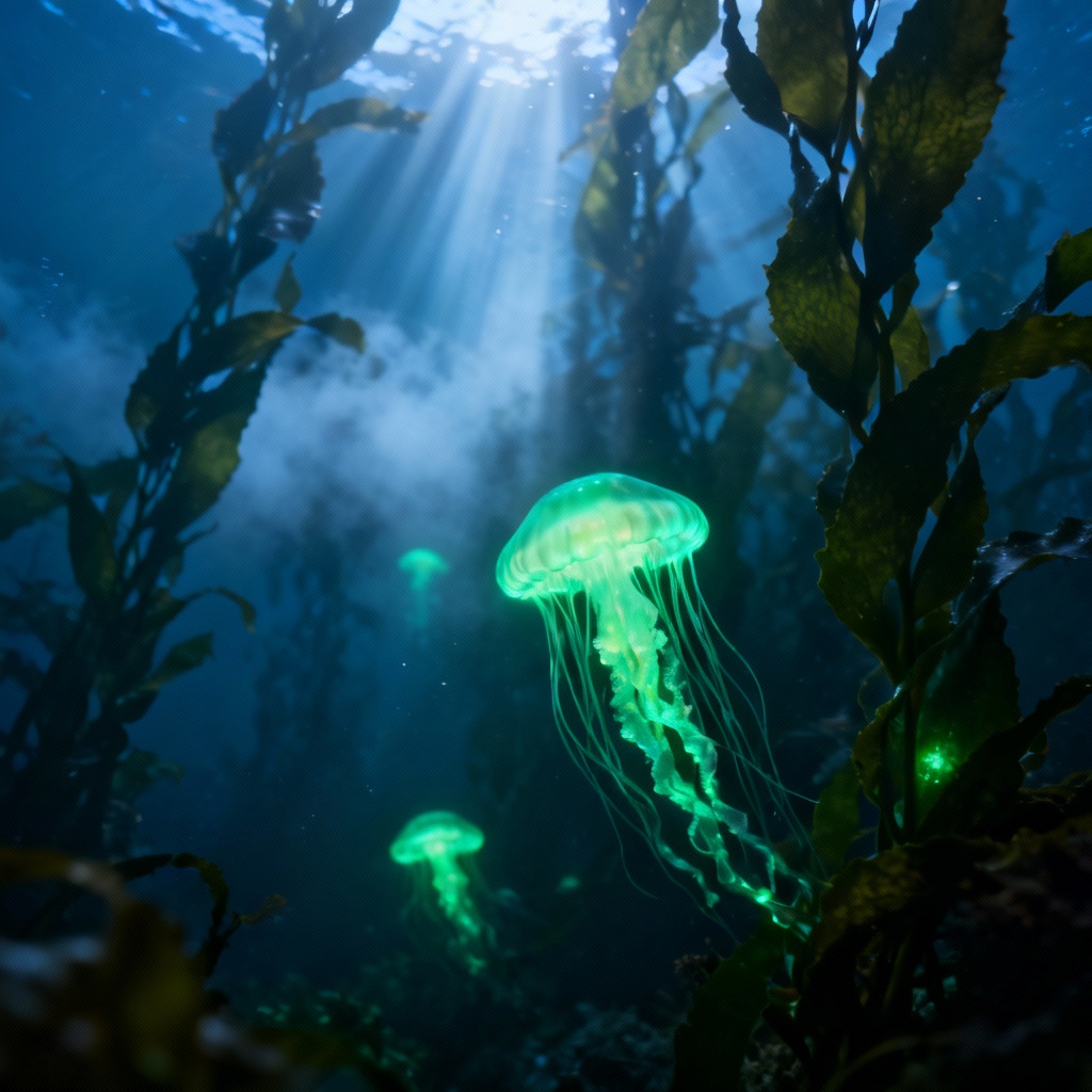AI glowing jellyfish lighting kelp forest
