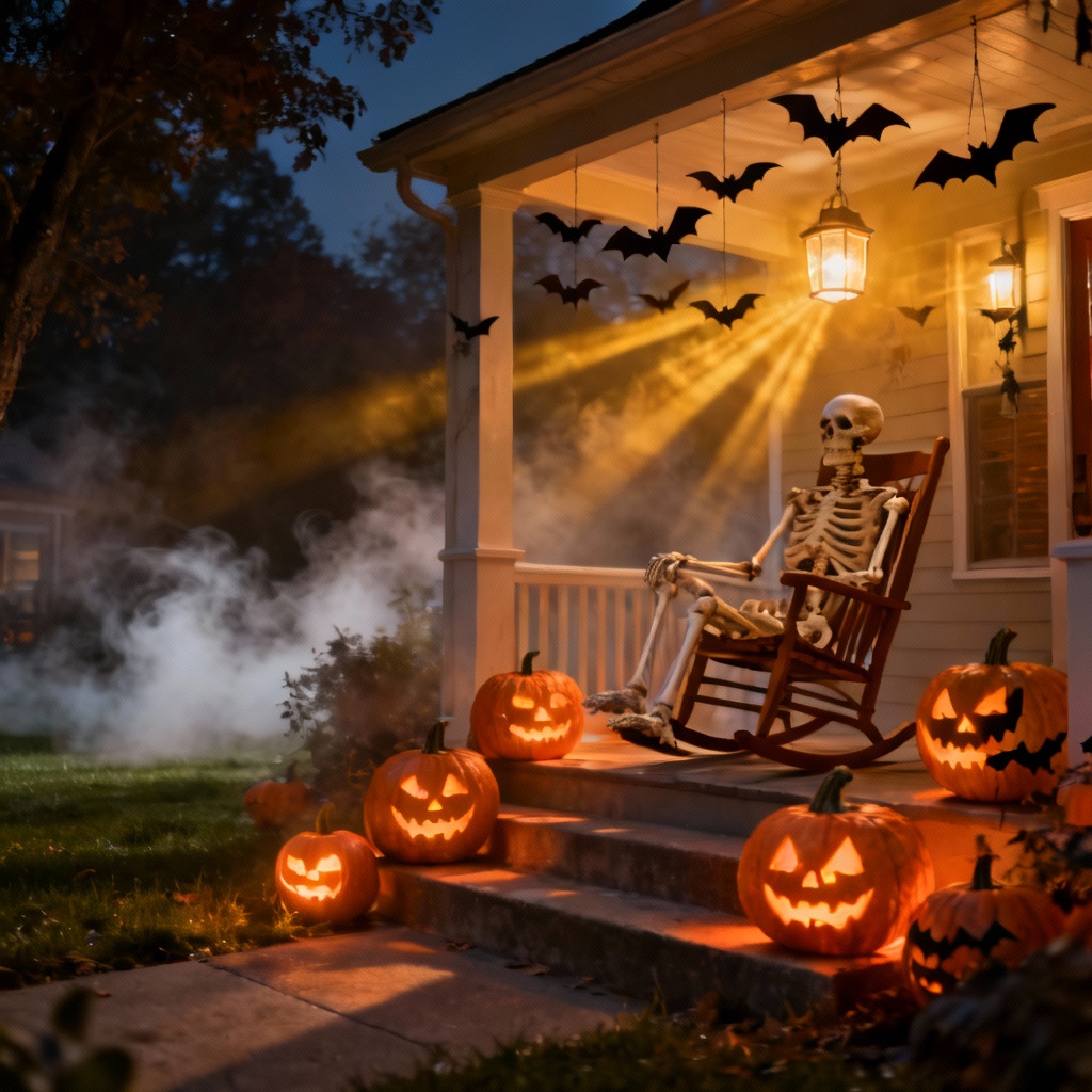 AI generated haunted porch with jack o lanterns, skeleton, bats, and fog