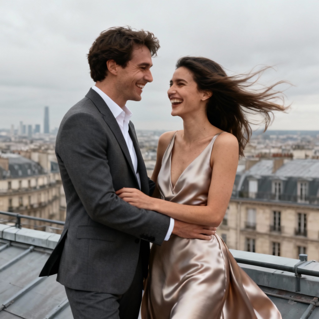 AI Paris rooftop prewedding with Eiffel skyline