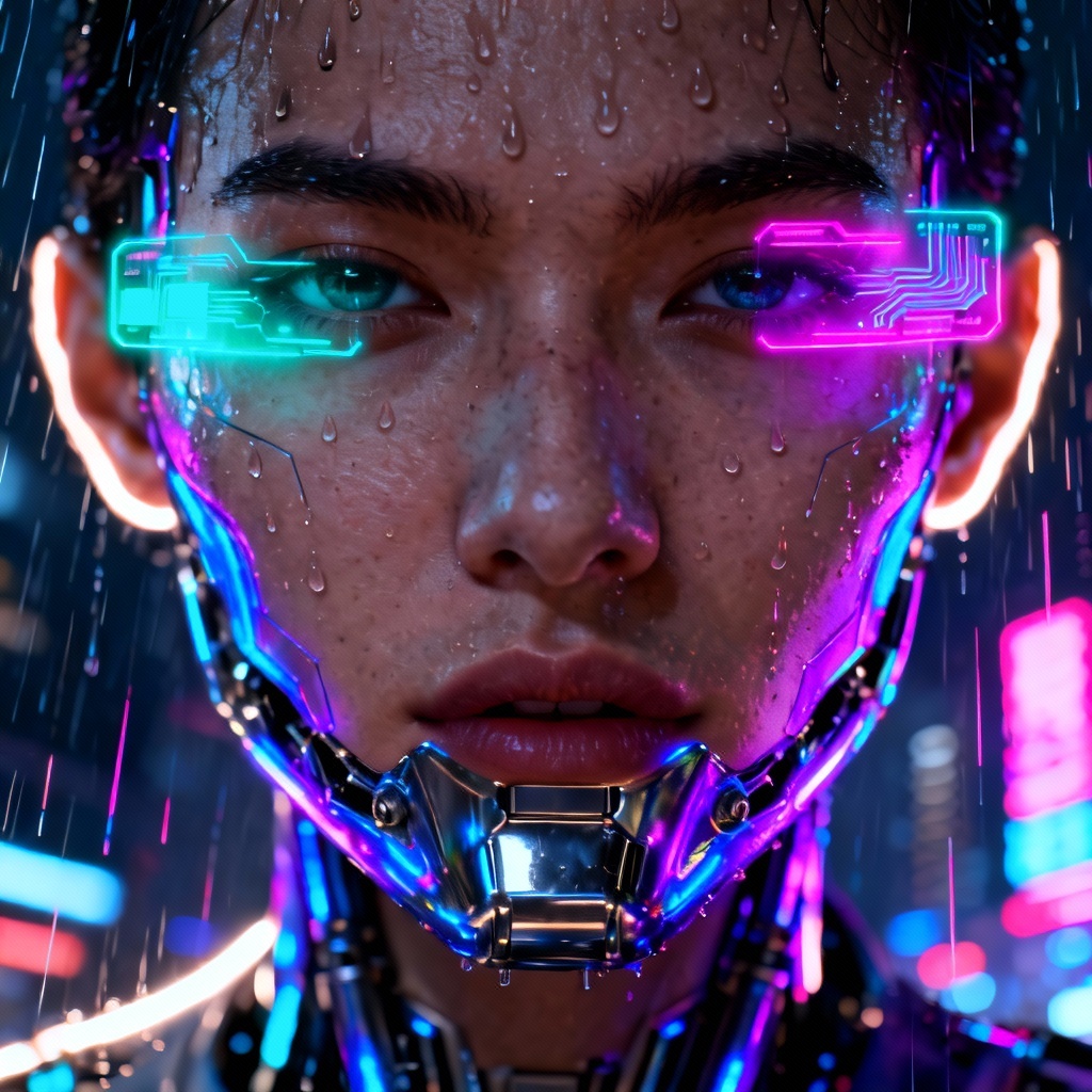 AI cybernetic portrait with chrome jaw and neon HUD overlays