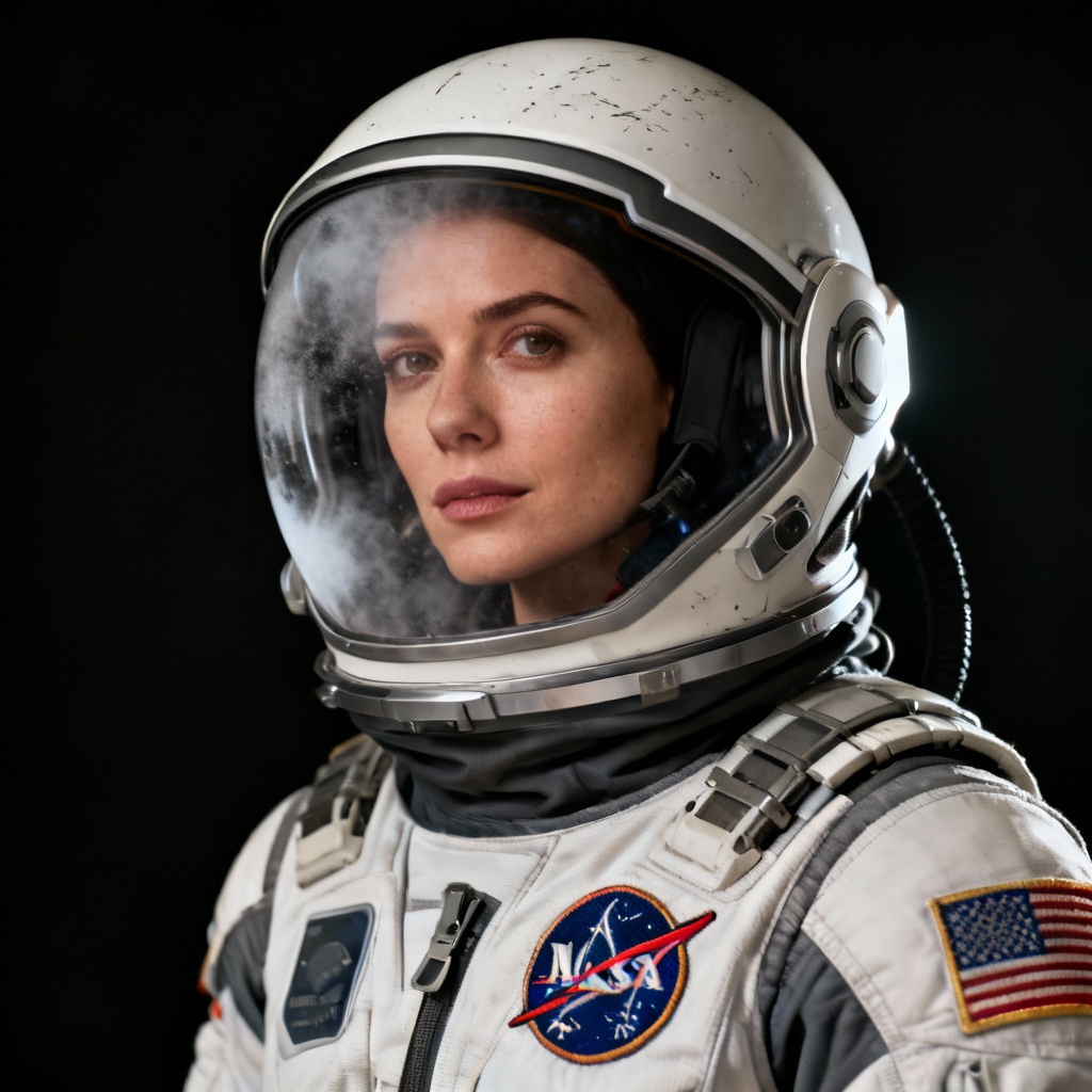 AI studio portrait of a female astronaut in a modern spacesuit