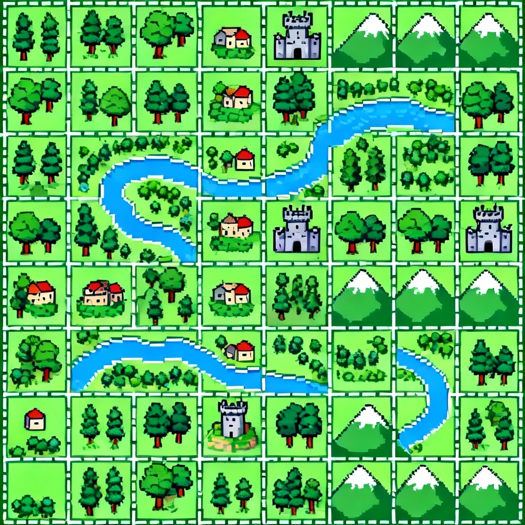 AI retro pixel RPG overworld map with towns and forests