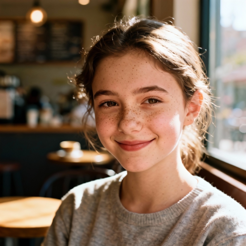 AI cute smile at sunny cafe