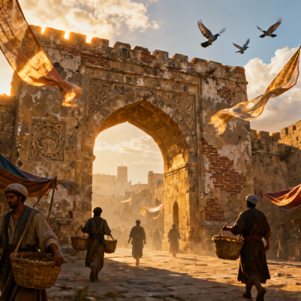 AI ancient setting city gate concept art at golden hour