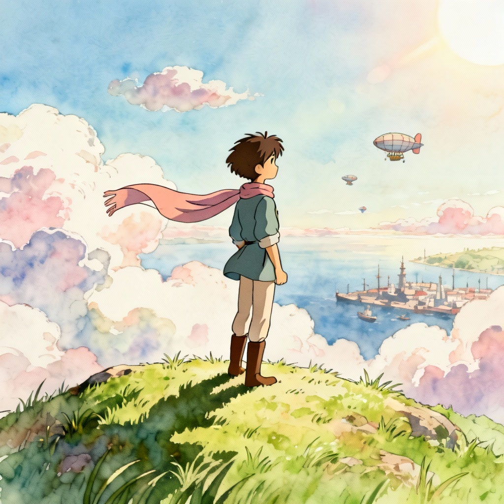 Young traveler on windy hilltop with airships in a whimsical animation aesthetic