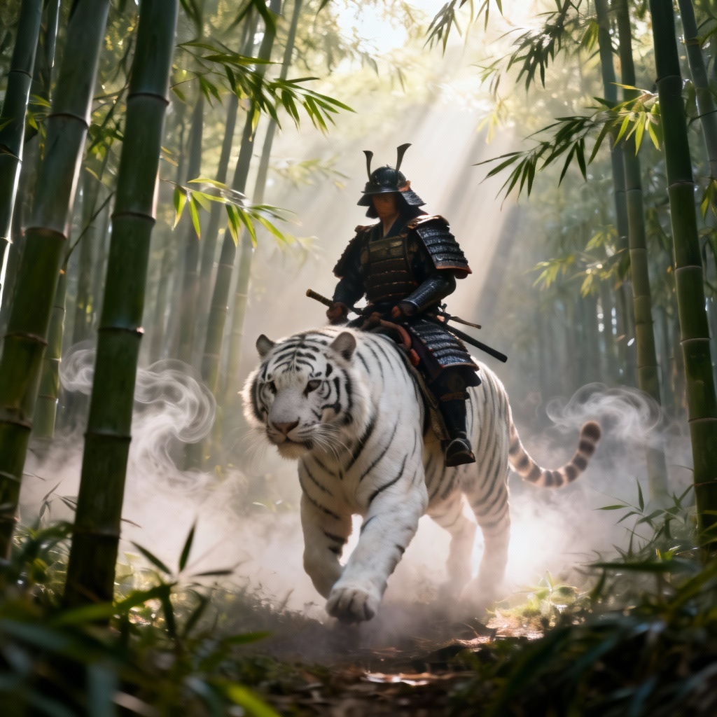AI Samurai riding a white tiger in bamboo forest