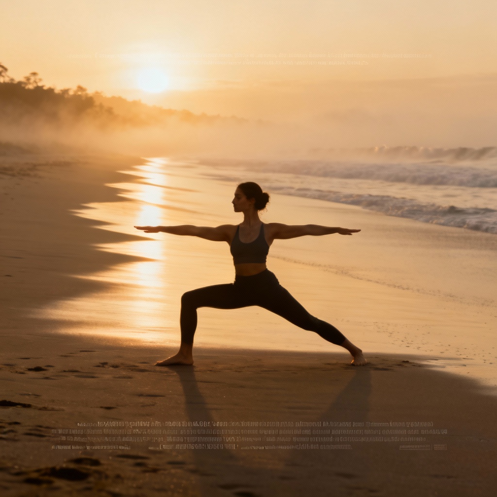 AI-generated yoga poster of Warrior II at sunrise