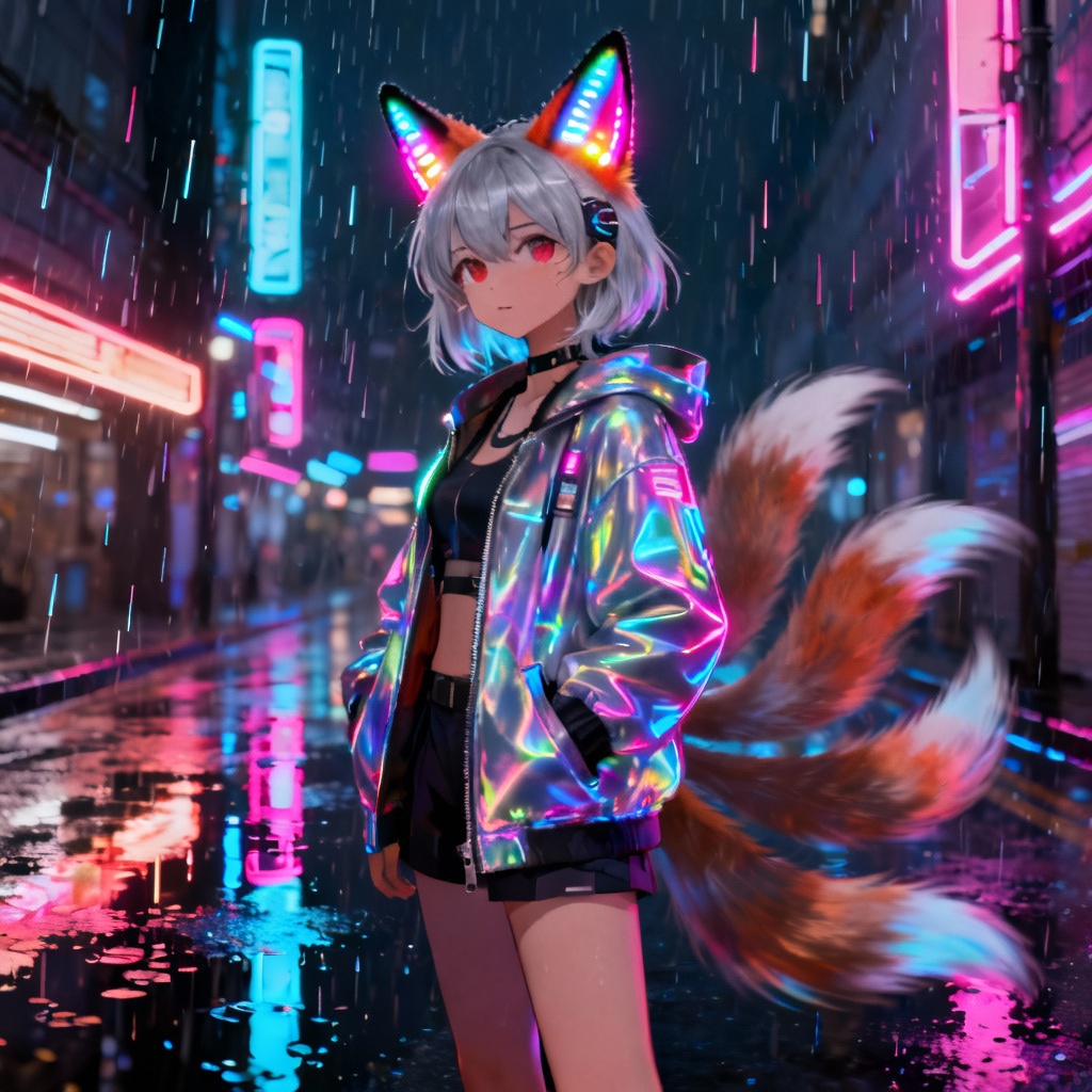 AI cyberpunk fox girl in neon city