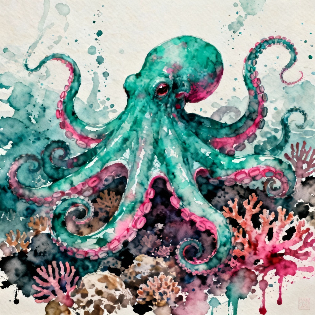 Watercolor octopus painting over colorful reef