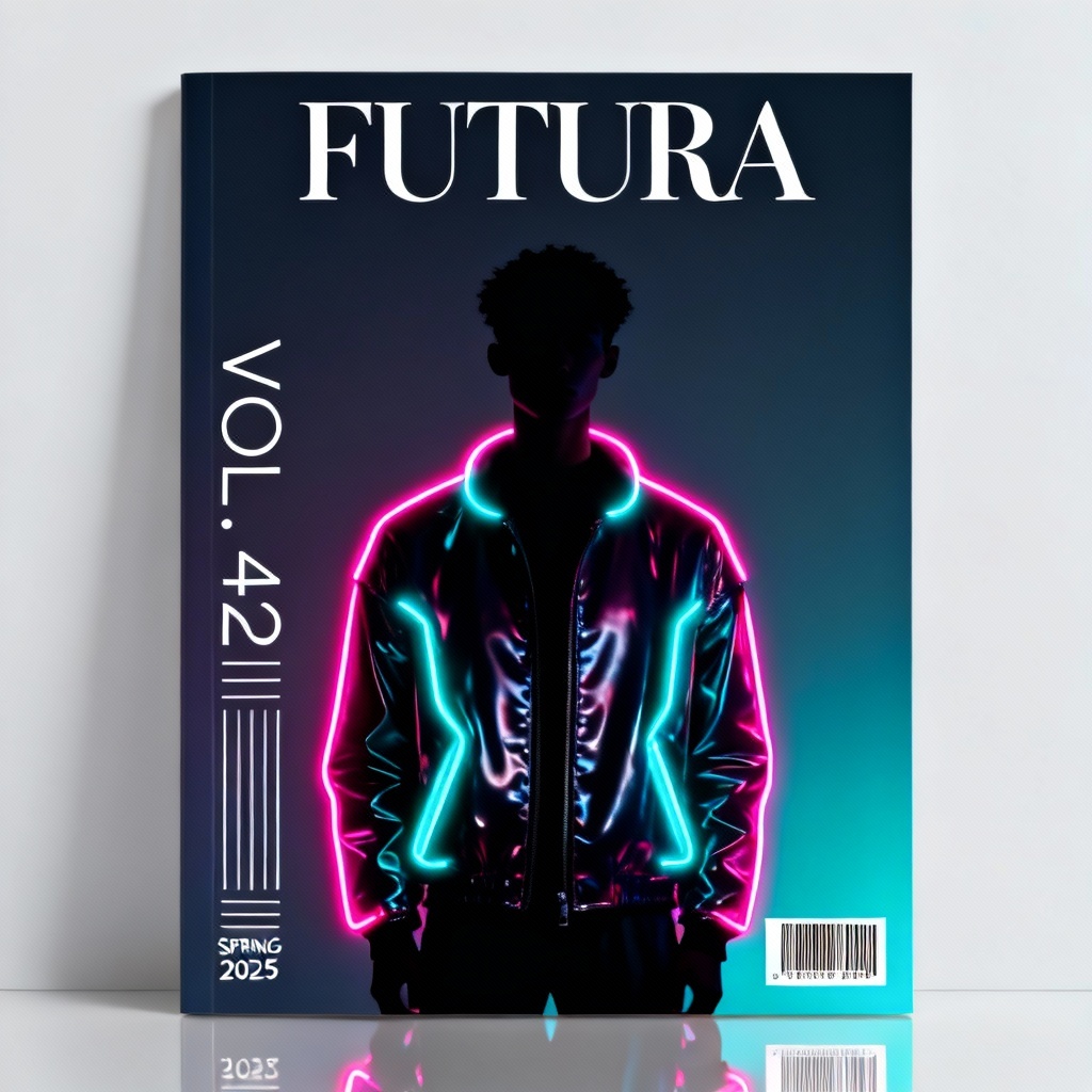 AI futuristic fashion magazine cover with neon lighting