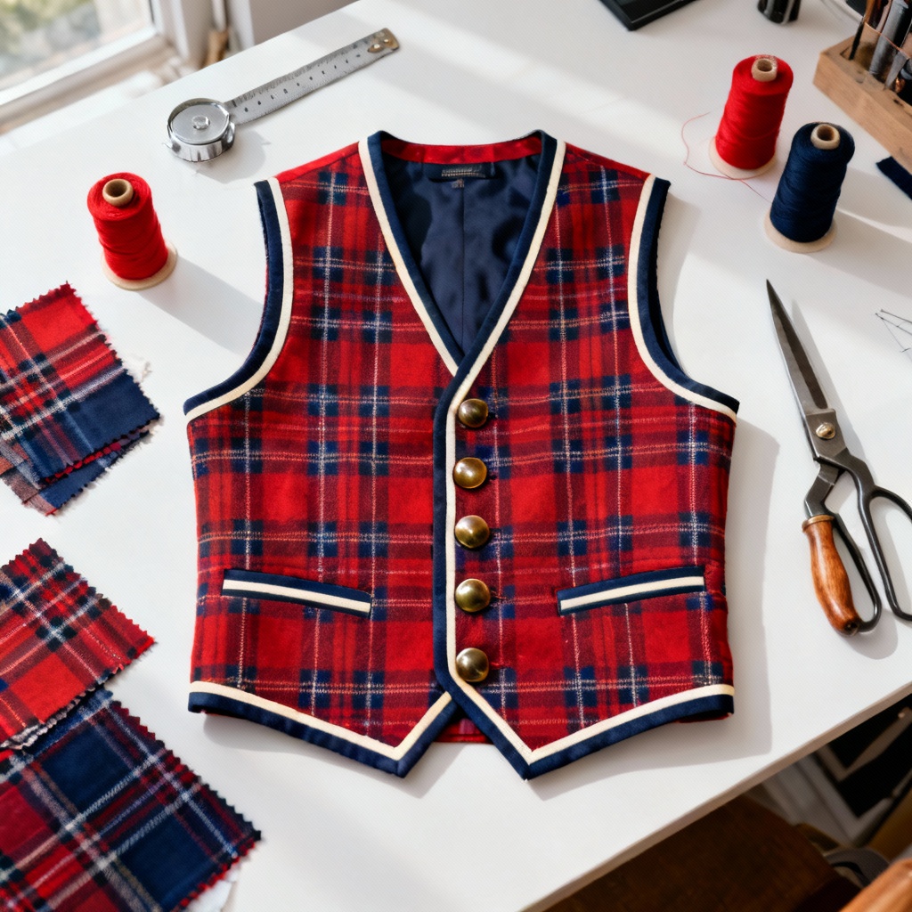 AI plaid waistcoat flat lay with fabric swatches