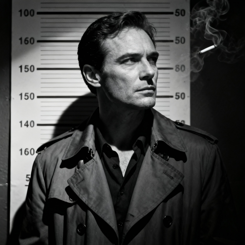 AI noir film mugshot portrait with height chart