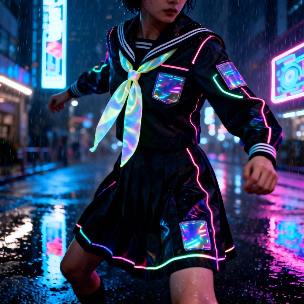 AI cyberpunk sailor uniform with neon accents and tech fabric