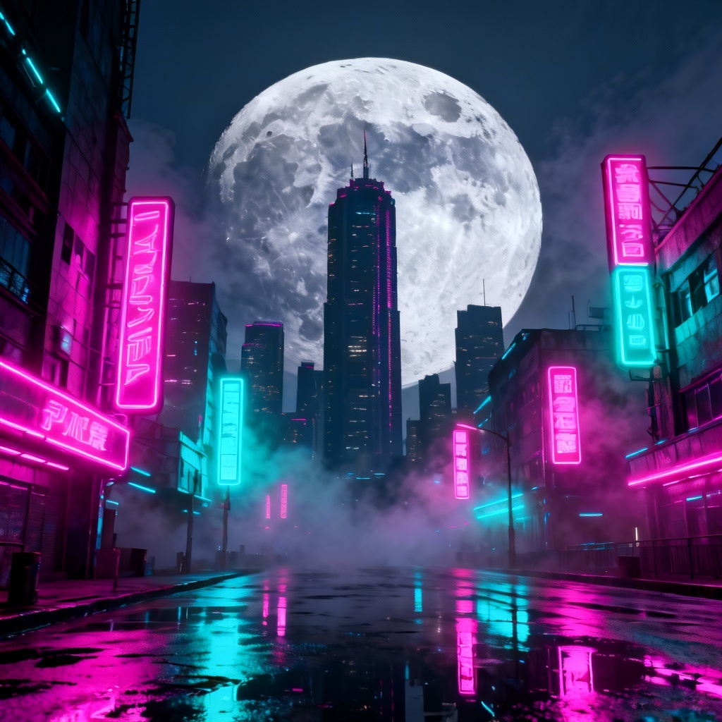 AI cyberpunk city with neon lights and supermoon