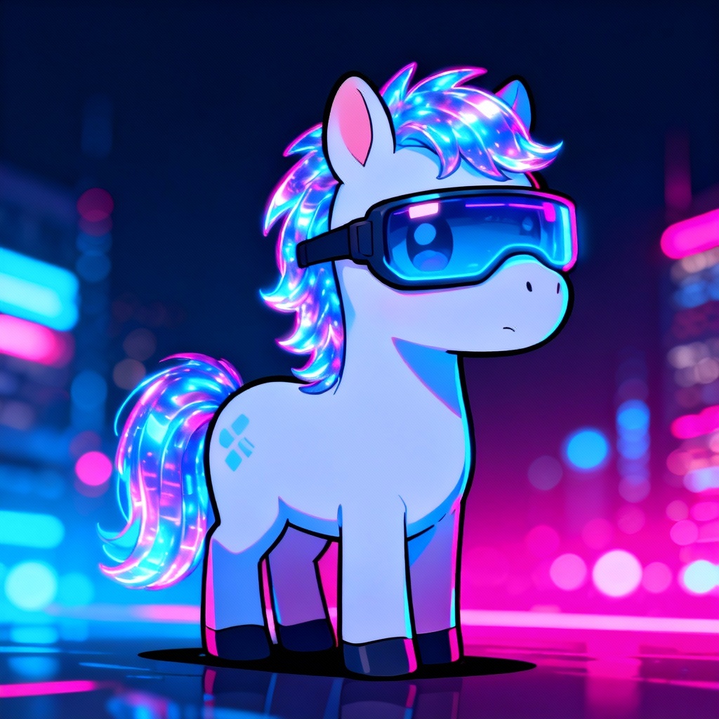 Cyberpunk chibi horse avatar with neon lights