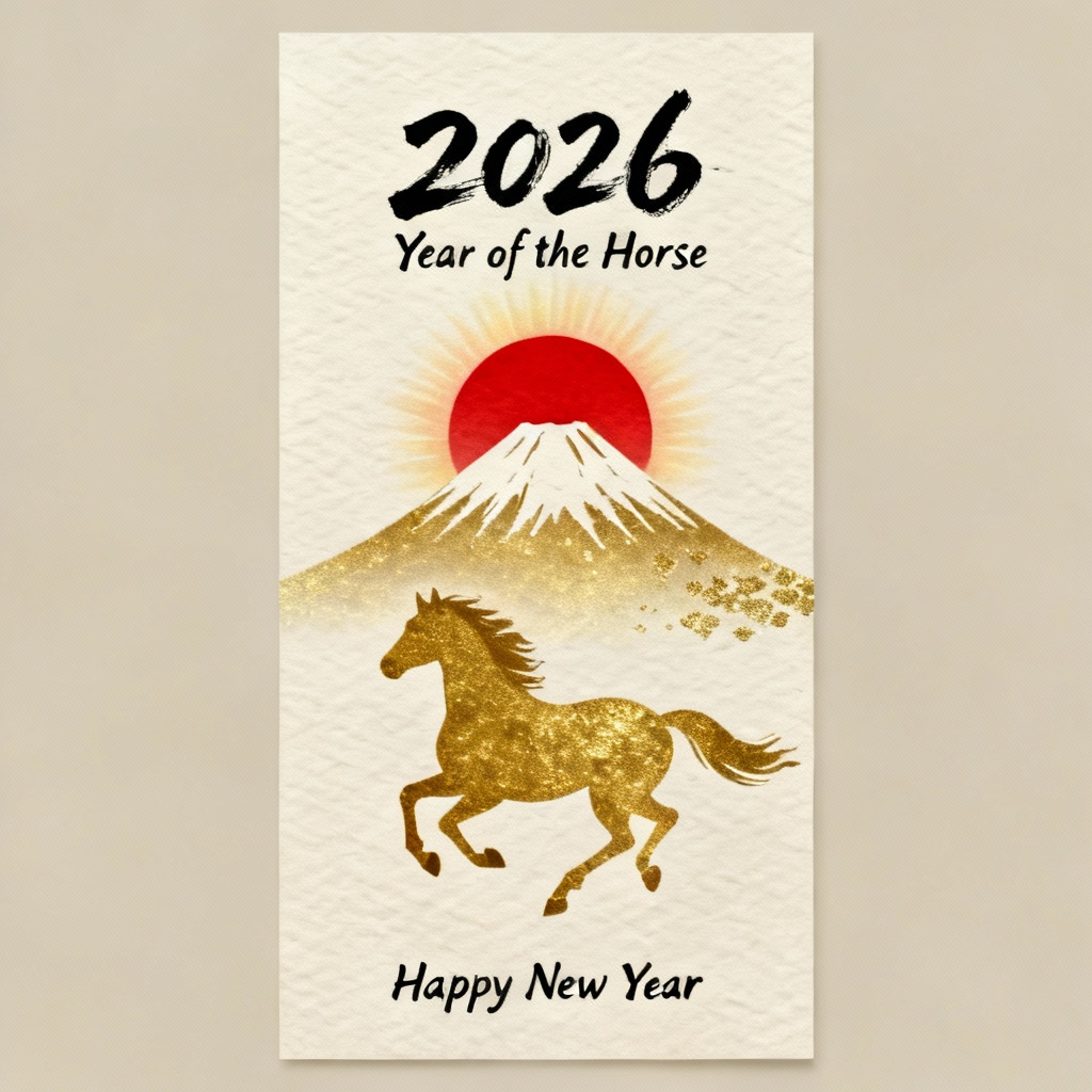 AI nengajo with golden horse and Mt. Fuji sunrise