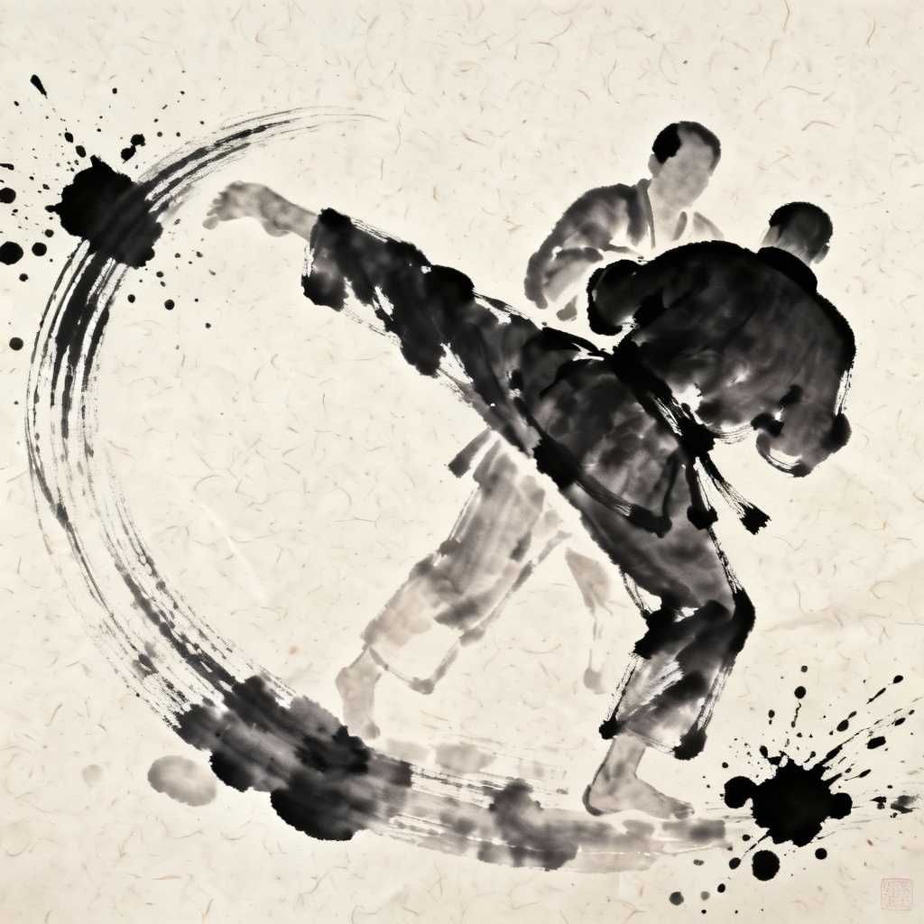 Sumi-e ink painting of osoto gari