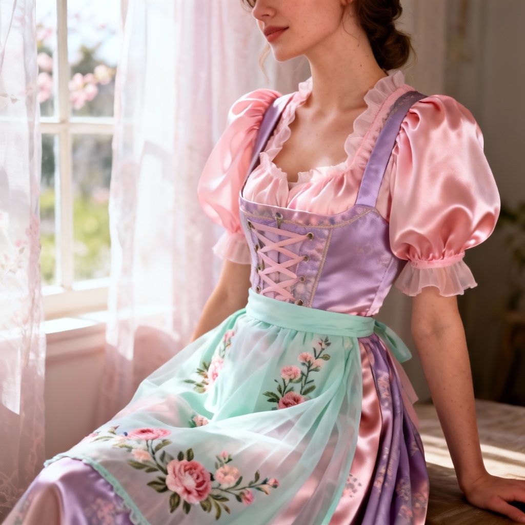 AI pastel rose satin dirndl spring look