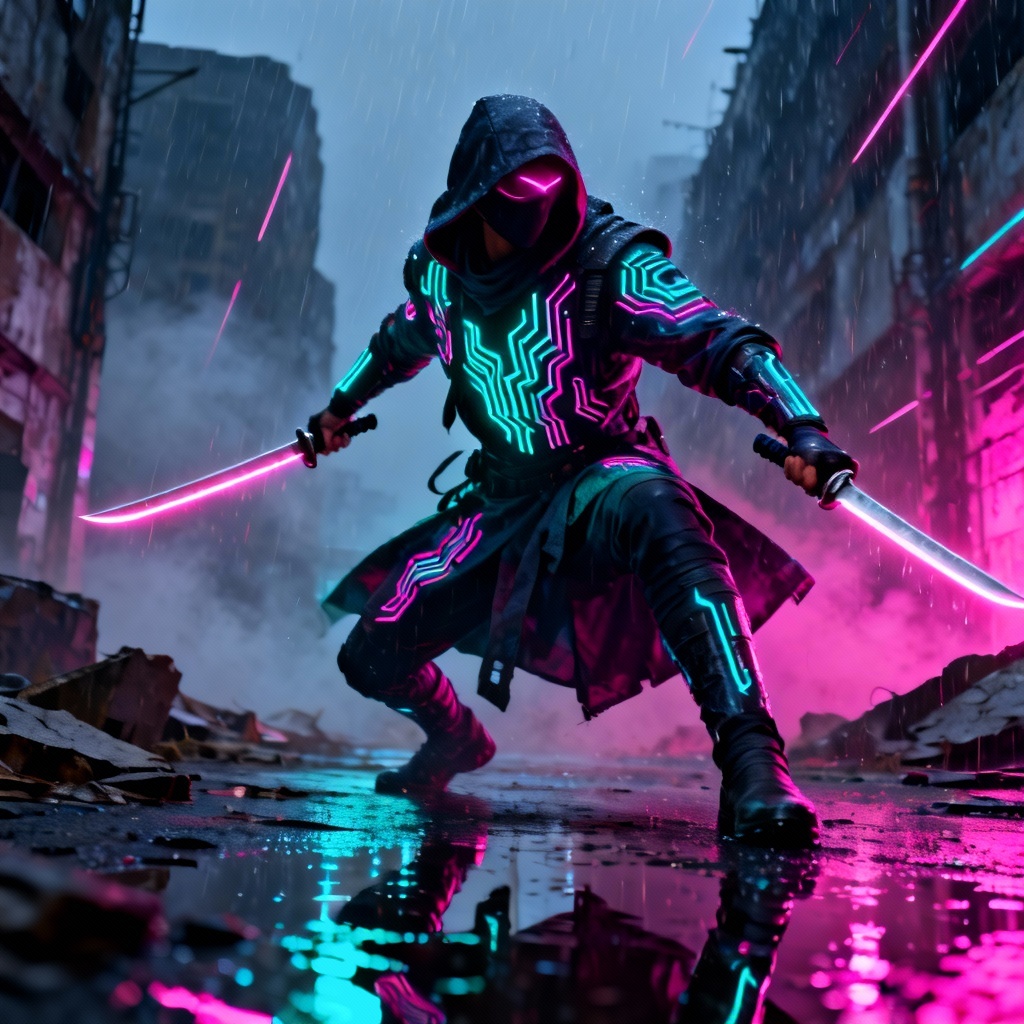 AI cyberpunk rogue adventurer in neon ruins