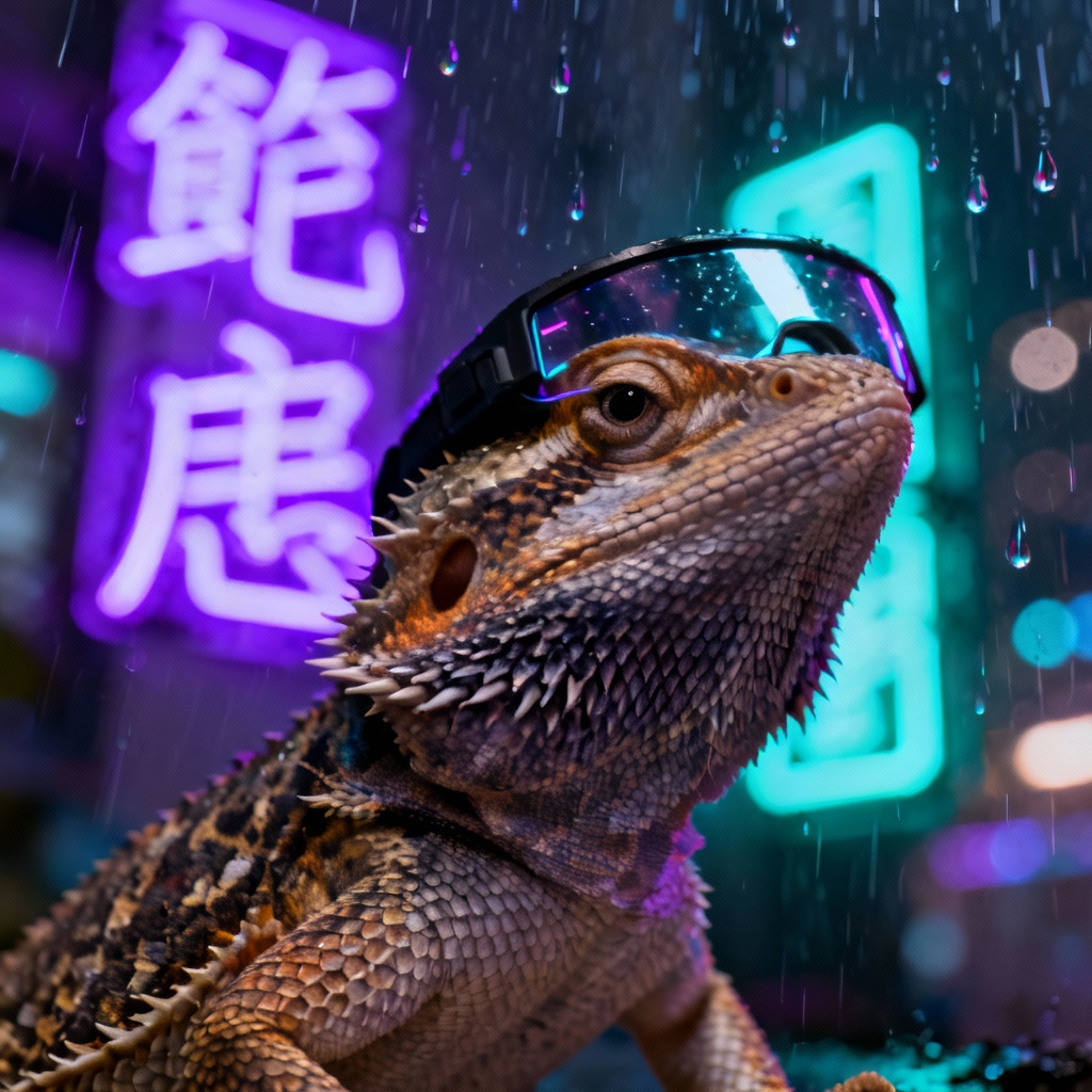 AI bearded dragon cyberpunk neon portrait