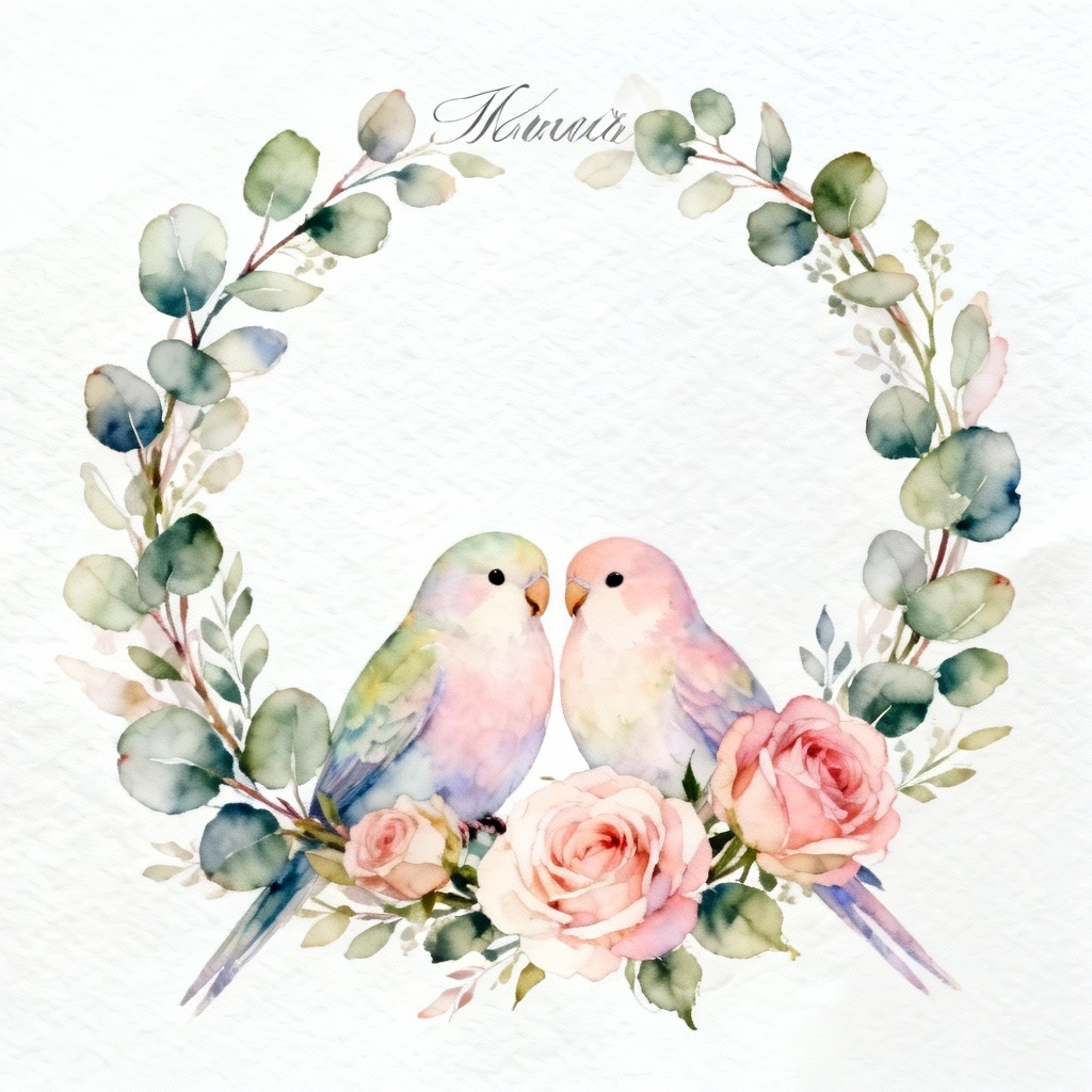 AI watercolor lovebirds wedding wreath illustration